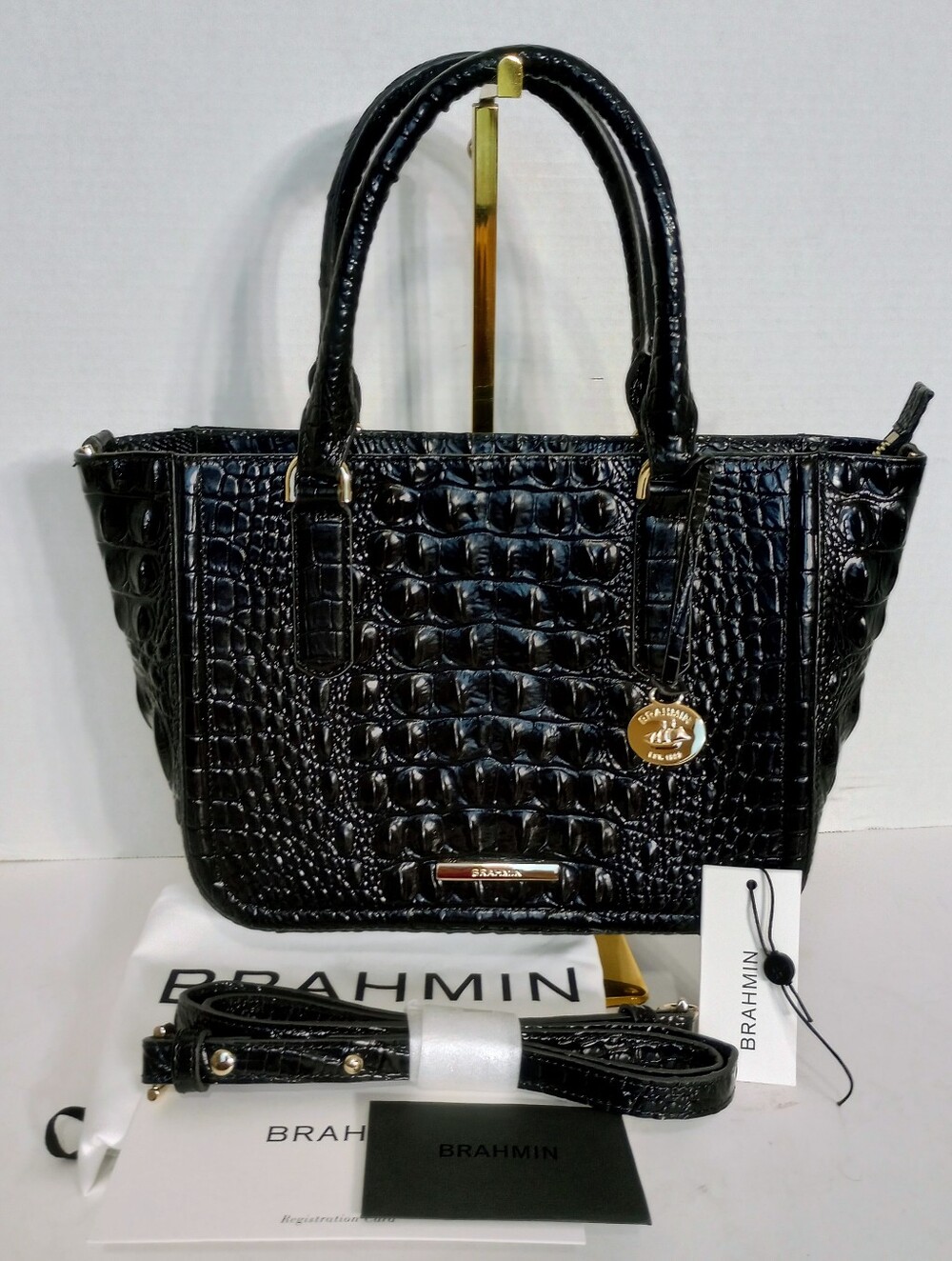 NEW Brahmin Small Ashlee Black Melbourne Croc Embossed Leather Crossbody Satchel